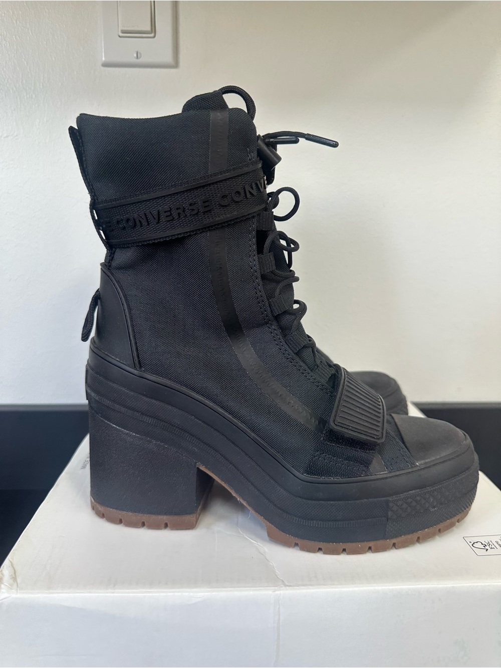 Converse Black Platform Lace-Up Ankle Boots with Strap